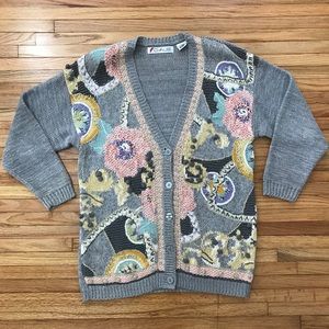 Vintage Oversized Gray Cardigan -Floral & Fruity